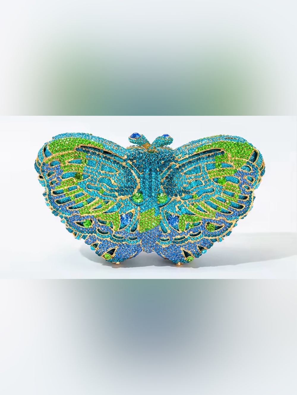 Crystal Butterfly Minaudière Clutch in Blue & Green